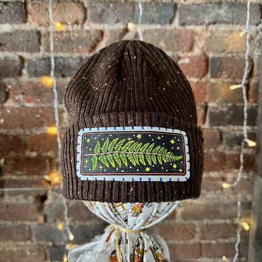 Fern & Stars Patch Beanie - Dark Brown Tweed