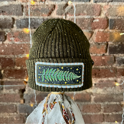 Fern & Stars Patch Beanie - Green Tweed