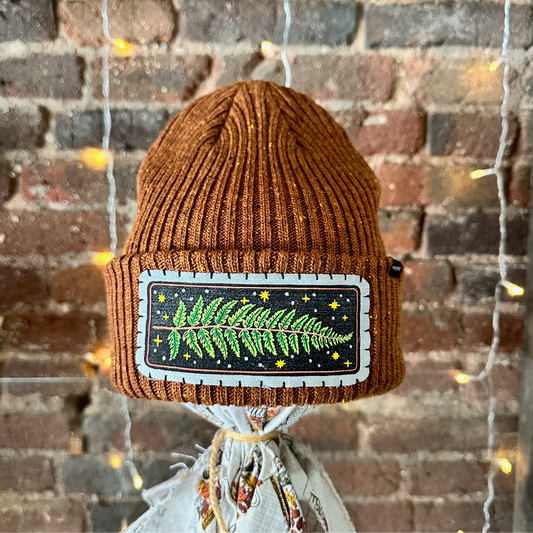 Fern & Stars Patch Beanie - Light Brown Tweed